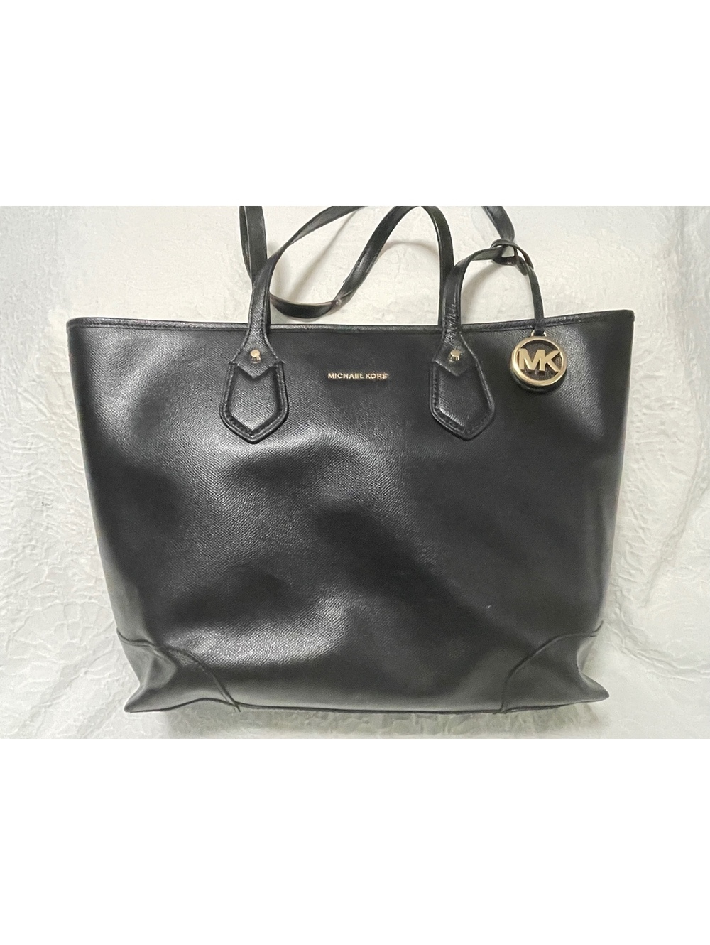 Michael Kors Black Leather Tote Bag with Gold MK Charm